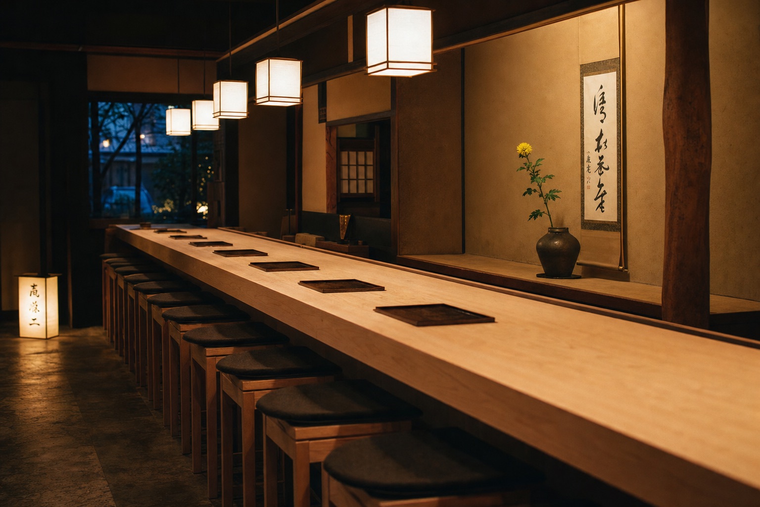 The eleven-seat hinoki counter at dusk, lantern light on pale wood, a chrysanthemum in the alcove
